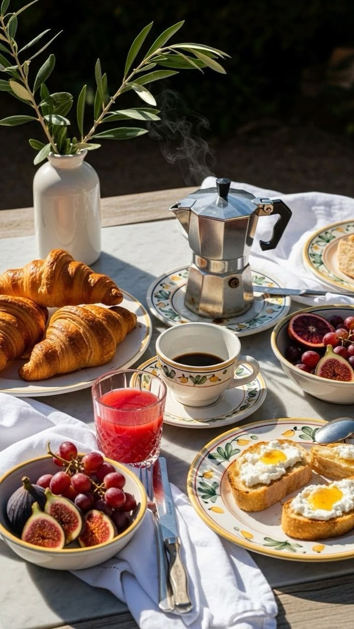 Petit-déjeuner au soleil chez Giorgio : cornetti, caffè de la moka et jus d'orange sanguine