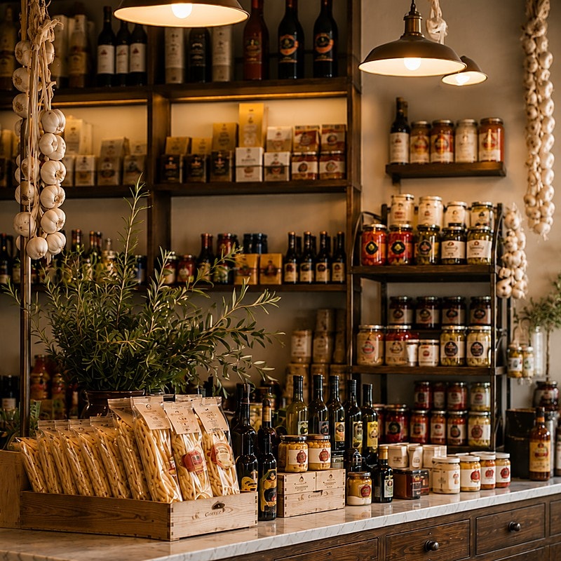Le comptoir de l'épicerie fine : pâtes artisanales, huiles d'olive, conserves et vins italiens